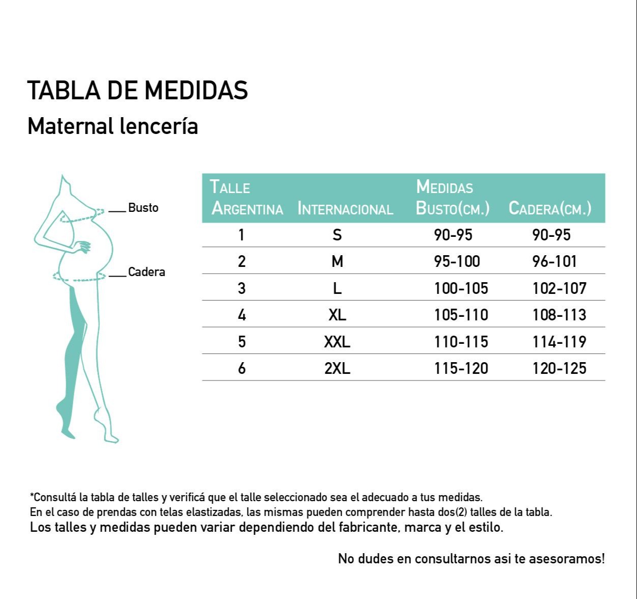 Set maternal ALMA/VALENTINA Tabla de medidas